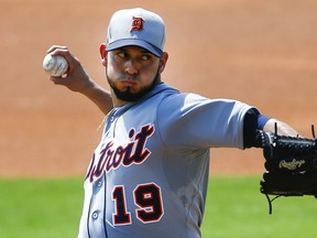 Detroit's Anibal Sanchez throws a pitch in the first inning in an exhibition game against the Washington Nationals Thursday in Viera, Fla. (AP Photo/John Bazemore)