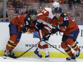 Belle River's Aaron Ekblad, left, and teammate Dave Bolland, right, check Detroit's Gustav Nyquist during the first period Thursday in Sunrise, Fla. (AP Photo/Lynne Sladky)