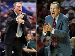 Michigan State head coach Tom Izzo, left, gestures in a game against Wisconsin. At right, Oklahoma head coach Lon Kruger shouts to his team against Kansas. (AP file photos)