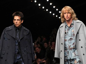 Actors Ben Stiller, left, and Owen Wilson wear  creations for Valentino's fall-winter 2015-2016 ready to wear fashion collection, presented at Paris fashion week, Paris, France, Tuesday, March 10, 2015. (AP Photo/Christophe Ena)