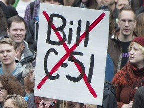 In this file photo, demonstrators attend a protest on a national day of action against Bill C-51, the government's proposed anti-terrorism legislation, outside the Vancouver Art Gallery in downtown Vancouver, Saturday, March 14, 2015. THE CANADIAN PRESS/Jonathan Hayward