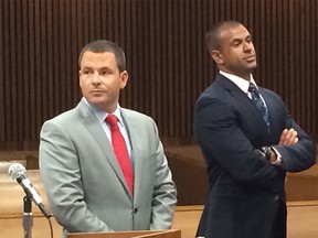 Const. David Bshouty (R) and his attorney Josh Nucian (L) in a Detroit courthouse in June 2014. (Craig Pearson / The Windsor Star)