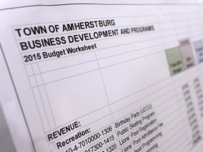 Charts outlining the proposed 2015 budget for the Town of Amherstburg are on display during a public meeting to discuss the proposed budget at St. Peters A.C.H.S College School, Saturday, March 7, 2015.  (DAX MELMER/The Windsor Star)