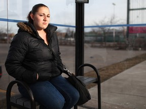 Michelle Gouilin-Chartier is pictured at a bus stop on the 5800 block of Malden Rd., Thursday,  March 19 2015.  Last fall Michelle and her daughter were caught in the rear door of a transit bus while trying to exit.  DAX MELMER/The Windsor Star