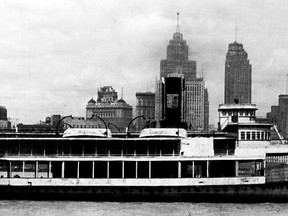 HISTORIC::  circa 1942 - Downtown Windsor says goodbye to the last of the Detroit and Windsor ferries as three of them, the Britannia, LaSalle and the Cadillac, after being tied up at the old ferry dock for three years, were moved upstream to a Detroit dock.  In this photo a tug is shown towing the Britannia up the river. There are plans to revive a cross-river ferry through a trial project in the 2015 summer. (Star archives)