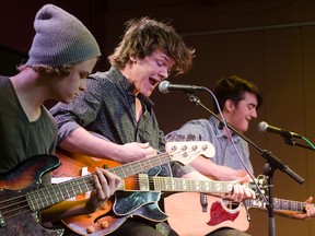 WINDSOR, Ont. (25/03/2015) - Shaun Miller, left, Nathan Mcnevin and Dane Roberts, three out of four members of local band Siera Slave, perform an acoustic set at the Windsot Star News Cafe on March 25, 2015. (Gabrielle Smith/Special to the Windsor Star)