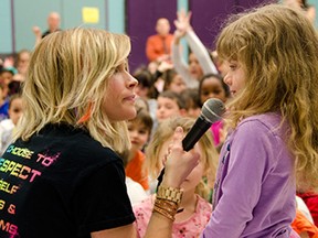 Sara Westbrook, motivational speaker and creator of UPower, presents her interactive program to a group of JK-Grade 3s at Our Lady of Perpetual Help Catholic Elementary School, Monday morning. Westbrook has designed numerous versions of her motivational program for different age groups, but respect and resilience is the fundamental message she aims to get across in every presentation. (GABRIELLE SMITH/Special to the Windsor Star)