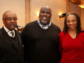 From left to right, Bishop C.L. Morton, comedian Mike Geeter and actress Leslie McCurdy attend the Emancipation Day Committee President's Gala Saturday, Feb. 28, 2015 at Layalina Hall. All proceeds go towards the Emancipation Day celebration in August. (RICK DAWES/The Windsor Star)