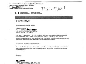 An example of a fraudulent e-mail message from scammers posing as the Canada Revenue Agency. (Handout / The Windsor Star)