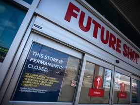 A sign at the entrance of The Future Shop on Walker Rd. in Windsor informs shoppers the store is permanently closed, Saturday, March 28, 2015.  (DAX MELMER/The Windsor Star)