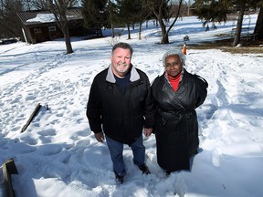 Glen Cook and Elise Harding-Davis are photographed in an area they believe contains the remains of a black cemetery in the Elmstead area of Lakeshore on Monday, March 3, 2015. They are hoping to somehow mark the are to preserve it.       (TYLER BROWNBRIDGE/The Windsor Star)