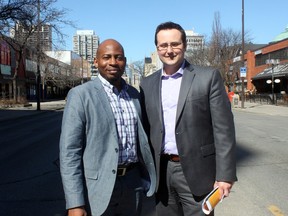 Phillip Olla and Irek Kusmierczyk of Windsor-Detroit Hacking Health are pictured downtown Windsor, Ont. on Tuesday, March 17, 2015. Olla and Kusmierczyk are helping to organize a collaborative hackathon for healthcare and tech-based professionals and students. (DYLAN KRISTY/The Windsor Star)
