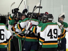 Lajeunesse celebrates their 3-2 victory over Leamington in the boys high school playoff hockey game in Windsor, Ont. on March 5, 2015. (JASON KRYK/The Windsor Star)