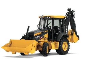 A John Deere 310SJ backhoe is shown in this promotional image.
