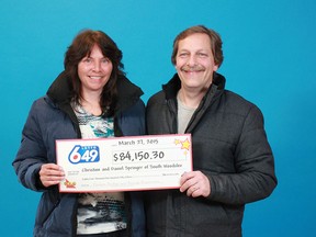 Christine and Daniel Springer of South Woodslee won $84,150.30 from the March 25, 2015 LOTTO 6/49 draw. (Courtesy of OLG)