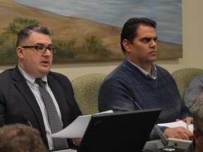 Amherstburg treasurer Justin Rousseau, left, and Chief Administrative Officer John Micell at a town council meeting in this 2015 file photo.