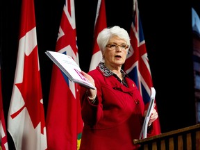 Ontario Education Minister Liz Sandals presents the revised Health and Physical Education curriculum at a press conference at Queen's Park in Toronto, Monday, February 23, 2015. THE CANADIAN PRESS/Galit Rodan