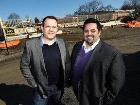 WINDSOR, ON. MARCH 11, 2015. --  Matt McShane and Gabe Valente (right) are photographed in front of a new development at the corner of Dominion and Grand Marais in Windsor on Wednesday, March 11, 2015. (TYLER BROWNBRIDGE/The Windsor Star)