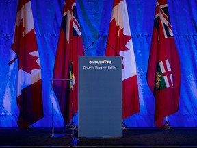 The podium awaits Ontario PC Party leader Tim Hudak at the Mountain Ridge Community Centre in Grimsby Ontario prior to election evening results, Thursday June 12, 2014.  [Peter J. Thompson/National Post]