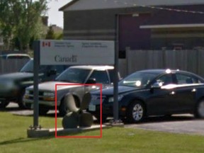 A 2014 Google Maps image showing the large brass propellor that used to decorate the Canadian Food Inspection Agency building at 7 Iroquois Rd. in Leamington.