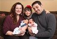 KINGSVILLE, ON. MARCH 19, 2015. Kingsville Mayor Nelson Santos poses with his wife Stephanie, daughter Emelia, 6, and newborn twins Jaxson and Madelyn at their home on Thursday, March 19, 2015. The young mayor and family welcomed the twins to his growing family two weeks ago. So far Jaxson (L) has been the laid back relaxed baby while Madelyn has been the spirited vocal twin. (DAN JANISSE/ The Windsor Star)
