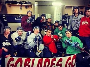 An Instagram image showing Amherstburg Admirals players posing with the Go Blades Go sign from the Blenheim community.