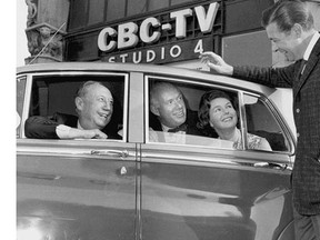 Front Page Challenge regulars in 1968 Gordon Sinclair, left, Pierre Berton and Betty Kennedy, share a laugh with host Fred Davis.