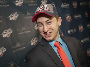 Spits first round pick Gabe Vilardi speaks to the media at the WFCU Centre after being selected second overall in the OHL draft Saturday.(DAX MELMER/The Windsor Star)