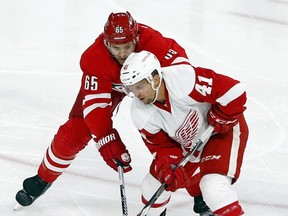 Carolina Hurricanes' Ron Hainsey (65) pokes the puck away from Detroit Red Wings' Luke Glendening (41) during the third period of an NHL hockey game, Saturday, April 11, 2015, in Raleigh, N.C. Detroit won 2-0. (AP Photo/Karl B DeBlaker)