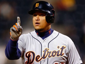 Miguel Cabrera #24 of the Detroit Tigers argues with the umpires in the ninth inning against the Pittsburgh Pirates while wearing the #42 to commemorate Jackie Robinson Day during the game at PNC Park on April 15, 2015 in Pittsburgh, Pennsylvania.  (Photo by Jared Wickerham/Getty Images)