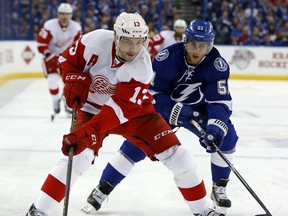 Pavel Datsyuk #13 of the Detroit Red Wings avoids a check from Valtteri Filppula #51 of the Tampa Bay Lightning in Game One of the Eastern Conference Quarterfinals during the 2015 NHL Stanley Cup Playoffs at Amalie Arena on April 16, 2015 in Tampa, Florida.
