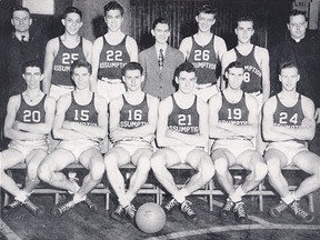 The 1944-45 Assumption College basketball team. Peter Mudry is No. 16.