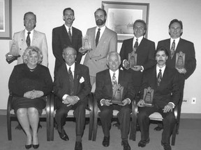 Winners of the 1993 Business Excellence Awards are (l-r): Front Row -- Laurie Derdaele, Benefits Representative (G.M. Trim Plant); L. J. (Larry) Bannon; Michael Solcz, President, (Valiant Tool); Ken Gascoigne(Empire Roofing); Backrow -- Tom Green, Plant Manager (G.M. Trim Plant); Paul Charbonneau, Paul Hargreaves (Hargreaves, Charbonneau & A~sociates Inc.); Paul Boucher (Tooling Technology); and Marty Komsa (Windsor Family Credit Union)