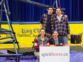 (top left to bottom right) Alex Lamoureux, Timothy Hill, Dakota Hebert, and Brianne Tucker pose with the set of their show, Spirit Horse, performed at King Edward Public School on Wednesday afternoon. The play follows two young Aboriginal sisters and confronts issues of cultural stereotyping and racism. GABRIELLE SMITH/Special to the Windsor Star