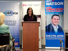 Tanya Antoniw, Executive Director at Workforce Windsor Essex, announces a new 30-month project that looks at developing women's leadership and mentorship in Windsor Essex at EnWin Operations Centre, Friday morning. GABRIELLE SMITH/Special to The Windsor Star