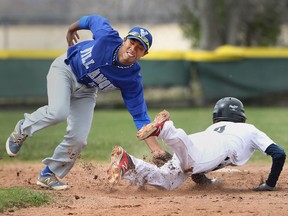 Villanova's Matt Pebenito attempts to tag Riverside's Blake Falkner at second base during WECSSAA baseball action at Villanova Catholic High School on April 21, 2015. (JASON KRYK/The Windsor Star)