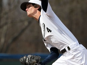 Riverside Rebels pitcher Blake Falkner delivers a pitch during  the WECSSAA baseball game against Villanova  at Villanova Catholic High School on April 21, 2015. (JASON KRYK/The Windsor Star)