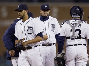 Detroit Tigers starting pitcher David Price is relieved during the third inning of a baseball game against the New York Yankees, Wednesday, April 22, 2015, in Detroit. (AP Photo/Carlos Osorio)
