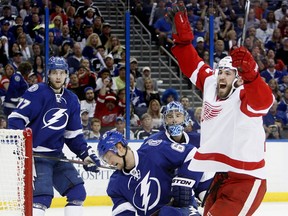 Detroit Red Wings center Landon Ferraro, right, celebrates a Detroit goal as Tampa Bay Lightning's Anton Stralman (6), goalie Ben Bishop (30) and Victor Hedman (77) react during the second period in Game 5 of a first-round NHL hockey playoff series, Saturday, April 25, 2015, in Tampa, Fla. (Dirk Shadd/Tamap Bay Times via AP)