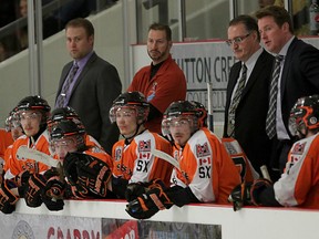 Essex 73's and coaching staff during the final minutes of a losing effort against Port Hope Tuesday April 28, 2015. Junior C championship series tied at 3-3. (NICK BRANCACCIO/The Windsor Star)