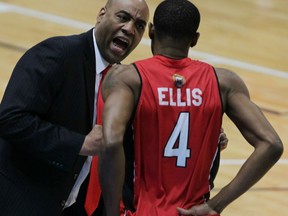 Windsor Express head coach offers advice to Jamarcus Ellis in game against Halifax Rainmen in NBL Canada Championship Game 6 at WFCU Centre, Tuesday April 28, 2015. (NICK BRANCACCIO/The Windsor Star)