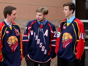 Michael DiPietro, from left, Mitchell Crevatin, Cody Schneider and Tyler Trepanier are four of the top six local prospects for Saturday's OHL draft. (NICK BRANCACCIO/The Windsor Star)