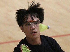 Ste. Cecile's Lin Wei returns a shot during high school badminton action  at the St. Clair Sportsplex Wednesday. (JASON KRYK/The Windsor Star)