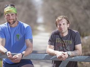 Kyle Wallace, left, and Jamie Waldron are raising money to support those with ALS by doing a 50-kilometre run along the Chrysler Canada Greenway.  (DAX MELMER/The Windsor Star)