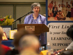 Maisie Jackson, who was diagnosed with dementia over a year ago, gives a talk at Changing Melody, a conference for persons with dementia hosted by the Alzheimer Society of Windsor and Essex County at the Caboto Club, Saturday, April 25, 2015.  (DAX MELMER/The Windsor Star)