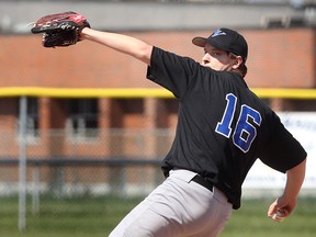 Tecumseh Vista's Evan Blasko delivers a pitch during a game Tuesday, April 28, 2015, at the Riverside Baseball Park in Windsor, ON. against Herman. (DAN JANISSE/The Windsor Star)