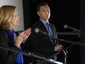 Ontario PC leadership candidates, Christine Elliott, left, and Patrick Brown, square off in the first Ontario PC leadership debate at Lakeshore Cinemas, Saturday, April 11, 2015.   (DAX MELMER/The Windsor Star)