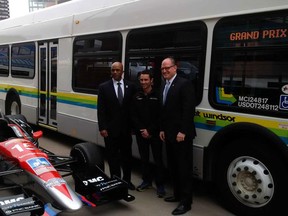 Chevrolet Detroit Belle Isle Grand Prix general manager Charles Burns, TUDOR united sportscar driver Dane Cameron and Windsor Mayor Drew Dilkens are pictured at the Transit Windsor terminal on Chatham Street West on Thursday, April 23, 2015. (Courtesy of the City of Windsor)