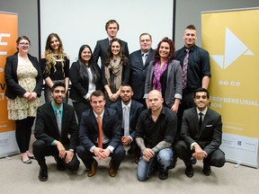 (top row left to right) Julie Di Pasquale, Zorica Bruic, Moneek Ashat, Dominik Skyzypek, Luciana Giglio, Richard Ransom-Brown, Samantha Buhler, JC Buhler, (bottom row left to right) Awais Saleem, Kevin Hamilton, Julian Freeman, Justice Fournier, and Vivek Patel are the most recent graduates of WeThrive, an innovative business program designed for young entrepreneurs in Windsor. (GABRIELLE SMITH/Special to The Windsor Star)