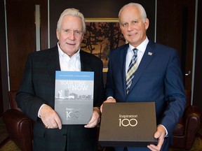 Ross Clarke, left, and Marty Solcz are pictured with Inspiration 100 merchandise in the Chrysler building, downtown Windsor on Tuesday afternoon. Clarke has committed to donating $25,000 over the course of 10 years as part of Inspiration 100, an initiative for local charities spearheaded by Solcz. (GABRIELLE SMITH/Special to The Windsor Star)